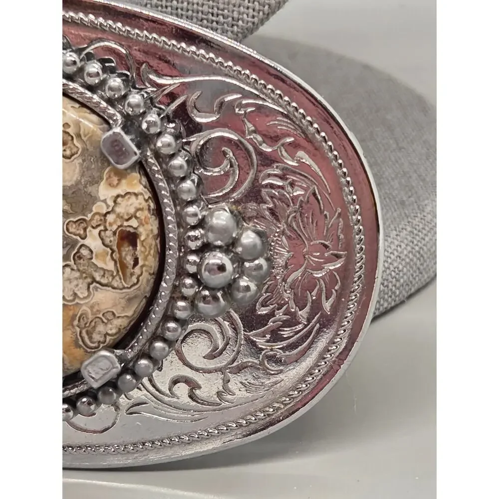 Western belt Buckle Engraved Silver-Tone With A Polished Agate Gemstone Cabochon